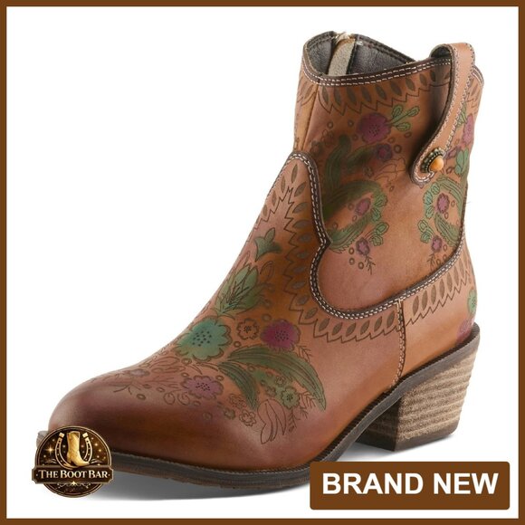 Leather Ankle Boots with Hand-Painted Floral Design 2 Inch Heel
